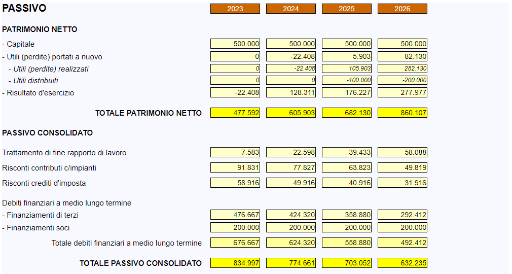 Business Plan - risultati - stato patrimoniale passivo 1