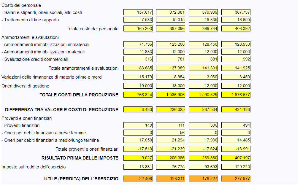 Business Plan - risultati - conto economico 2