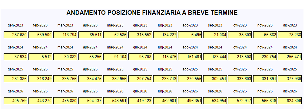 Business Plan - risultati - andamento posizione finanziaria a breve